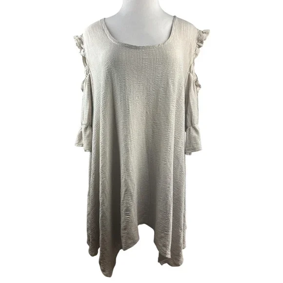 Farmhouse Frocks Cold Shoulder Lagonlook Oversized Tunic Top Tan Plus Size XXXL - Picture 15 of 16